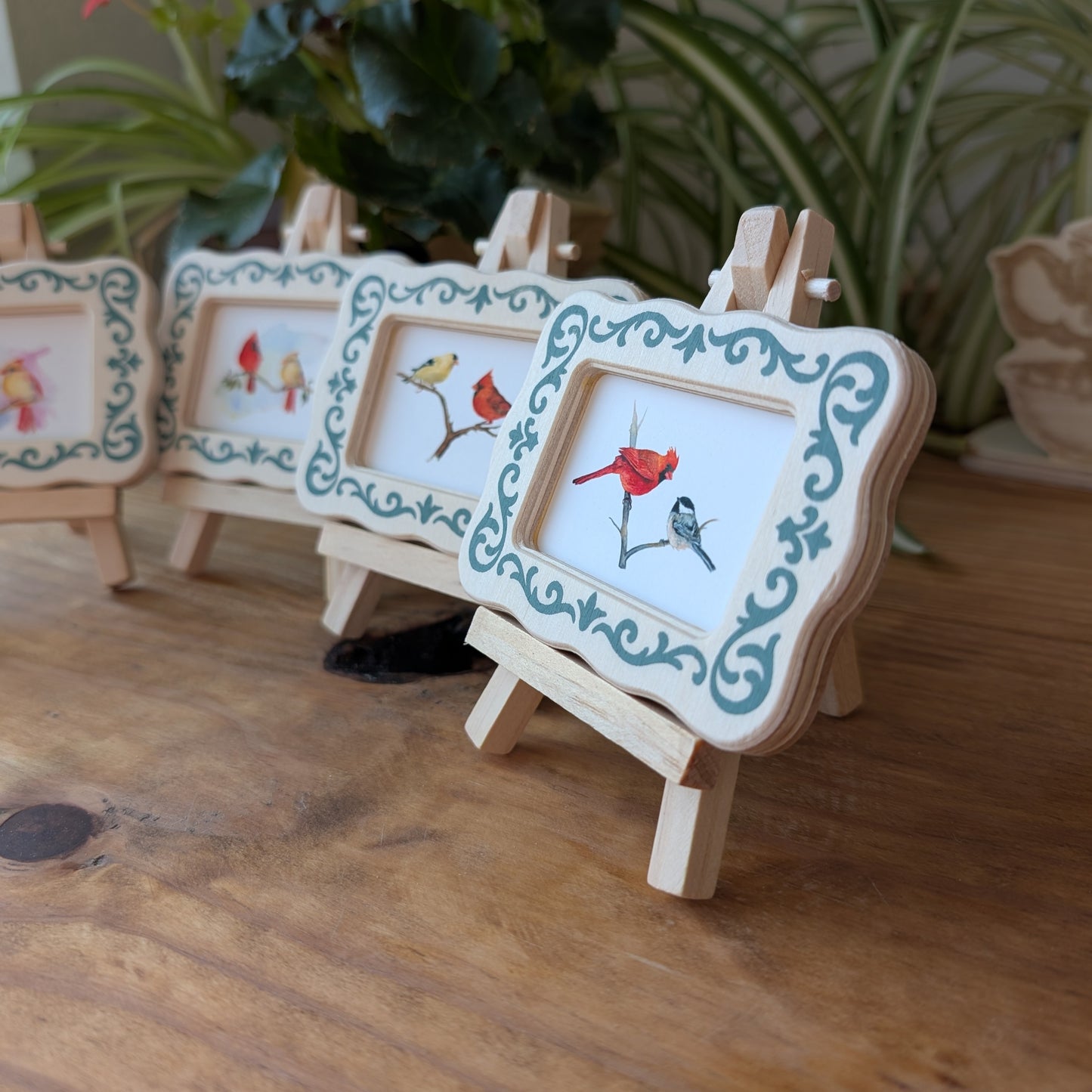Set of 5 Mini Cardinal & Songbird Art Frames with Easels – Miniframed – Ready to Display