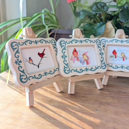Set of 5 Mini Cardinal & Songbird Art Frames with Easels – Miniframed – Ready to Display