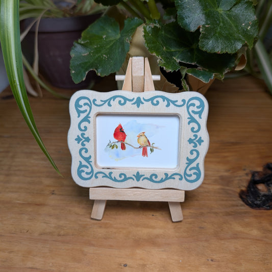 Male and Female Cardinal Bird on a branch - Baroque Wooden Framed - Miniframed