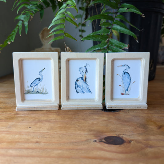 3 Great Blue Herons Mini Framed Prints - Watercolor Art By Lora Cavallin - Miniframed