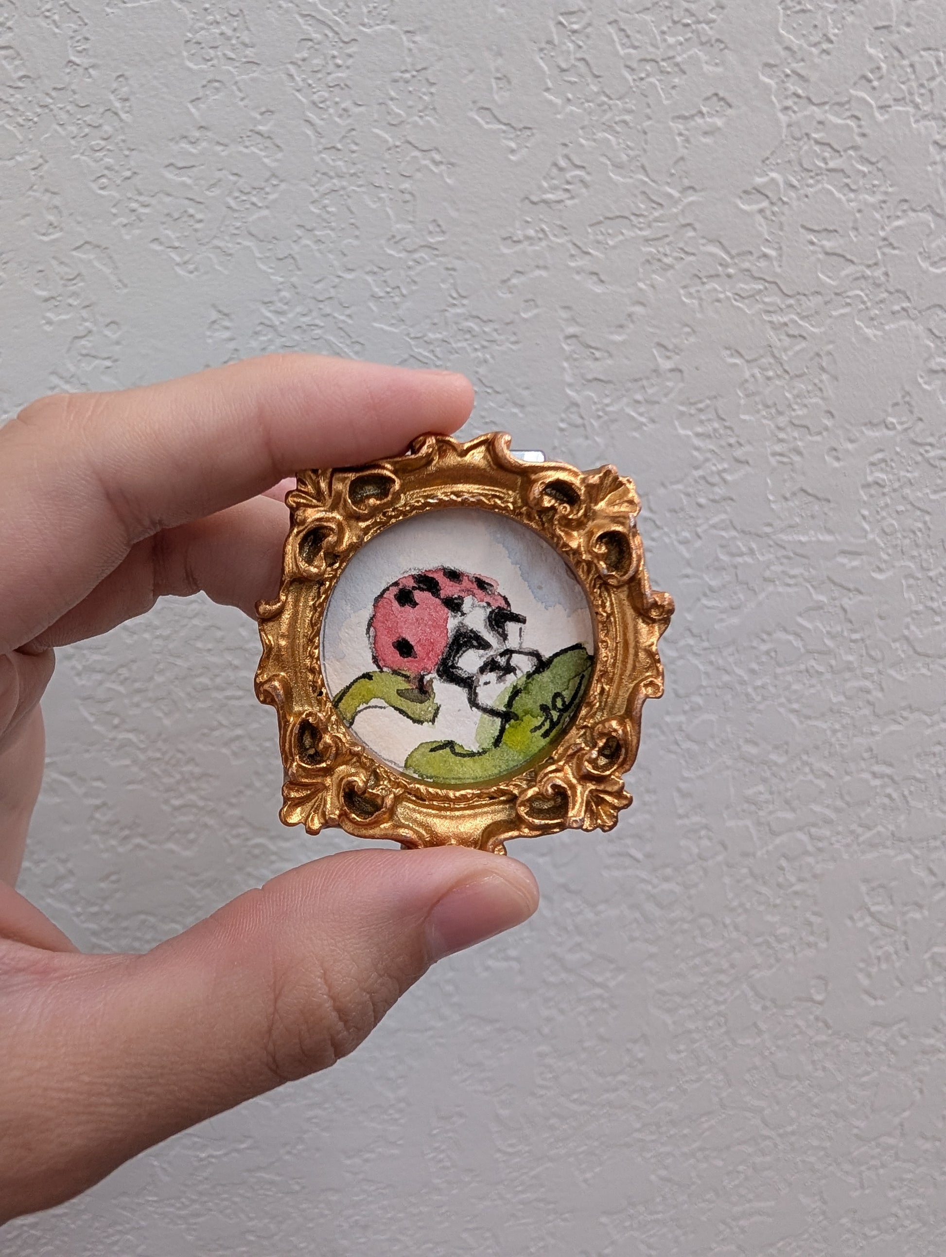 a hand holding a picture frame with a ladybug on it