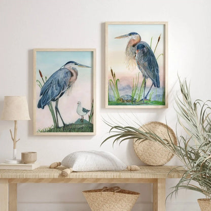 Pair Great Blue Heron Art Prints - Coastal Wall Decor - Lora Cavallin Art Print Only