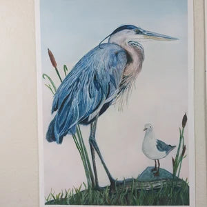 Pair Great Blue Heron Art Prints - Coastal Wall Decor - Lora Cavallin Art Print Only