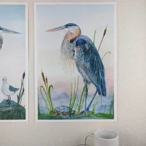 Pair Great Blue Heron Art Prints - Coastal Wall Decor - Lora Cavallin Art Print Only