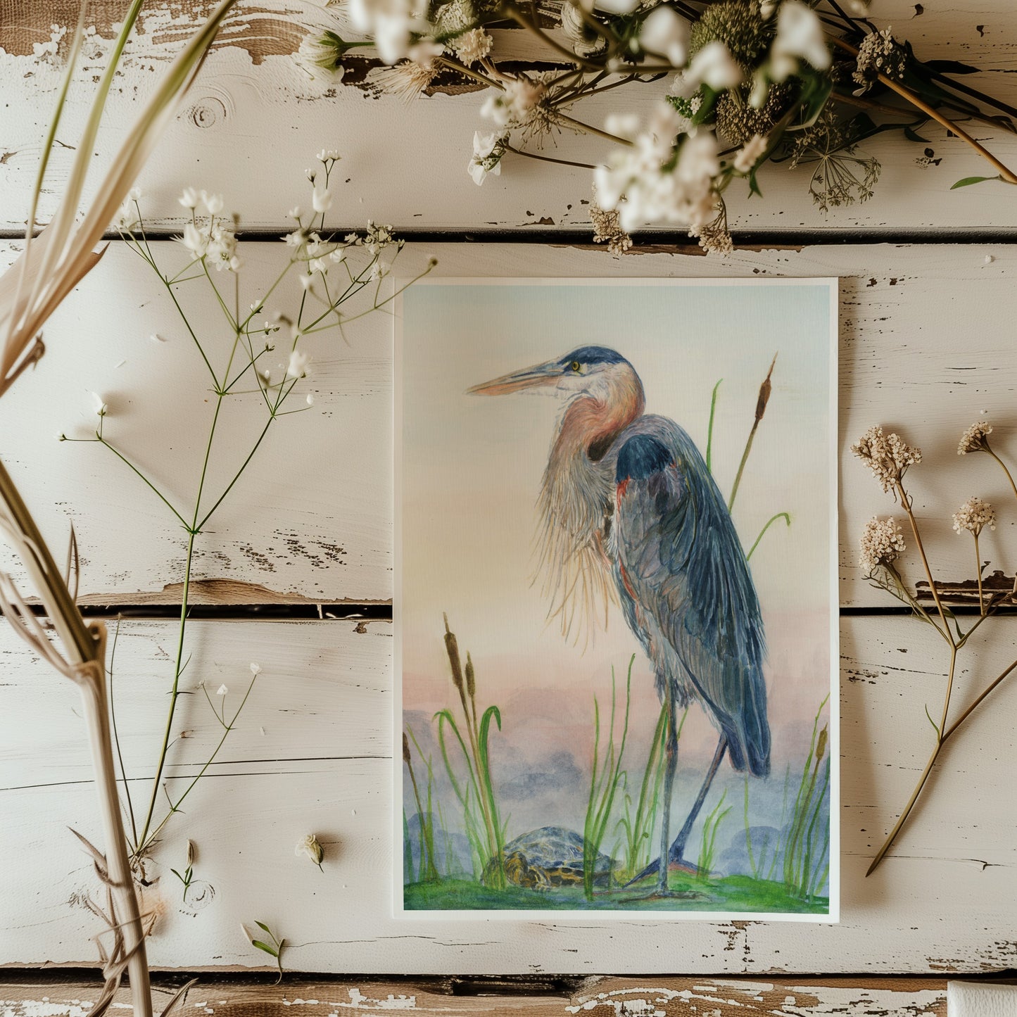 Great Blue Heron with turtle - Lora Cavallin Art