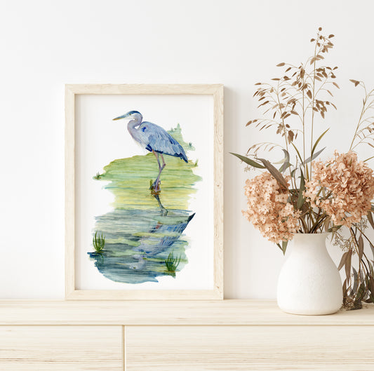 Blue Heron Reflection in the water - Lora Cavallin Art