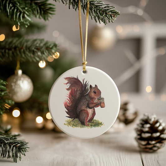 Ceramic Ornament, Whimsical Squirrel Drinking Coffee