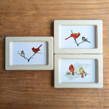 Set of 3 Red Cardinal Designs - Mini Framed Prints - Red Cardinal, Blue Bird and Chickadee Bird - Watercolor Art By Lora Cavallin- Miniframed