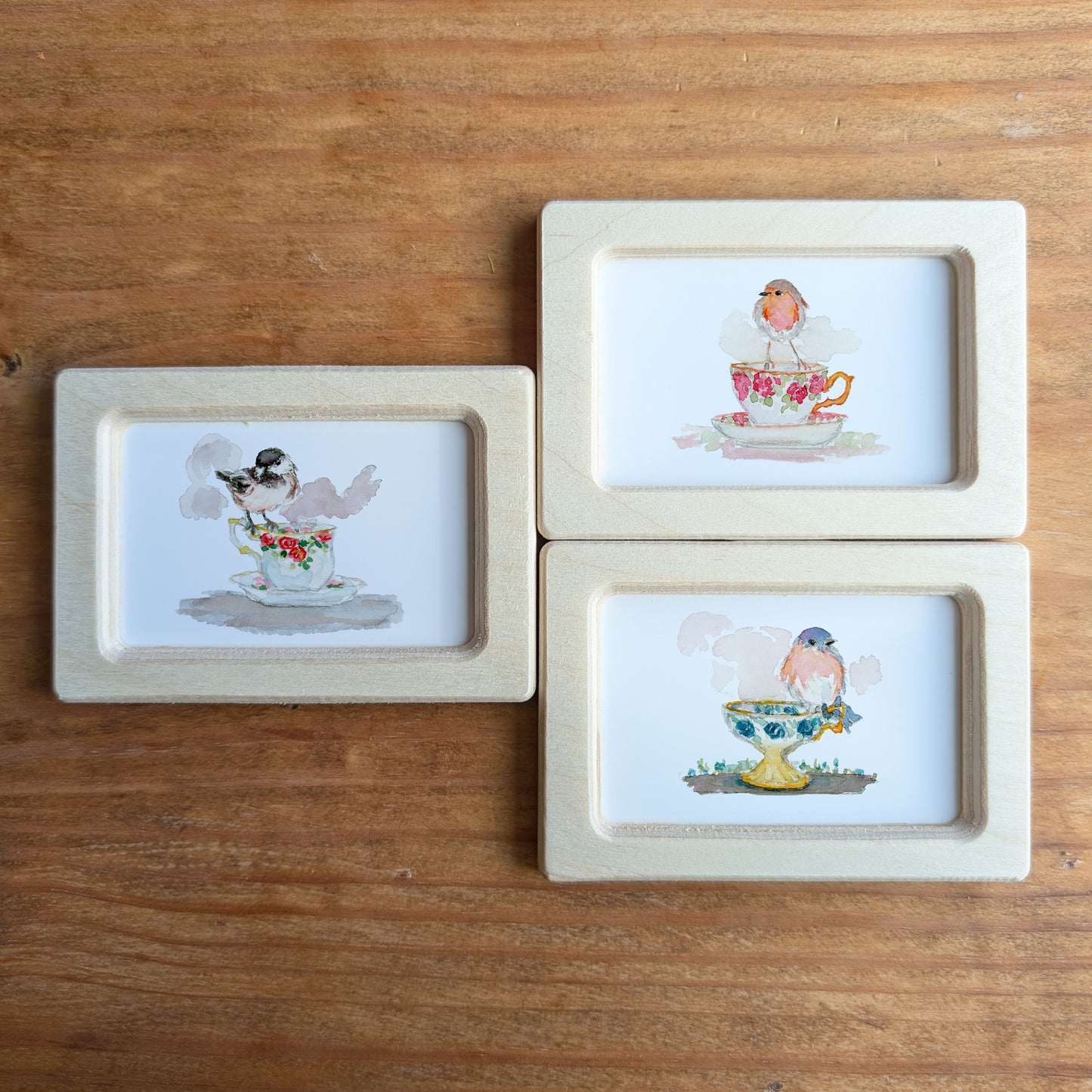 Set of 3 Teacup Birds Designs - Mini Framed Prints - Robin, Blue Bird and Chickadee Bird - Watercolor Art By Lora Cavallin- Miniframed
