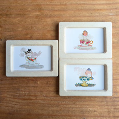 Set of 3 Teacup Birds Designs - Mini Framed Prints - Robin, Blue Bird and Chickadee Bird - Watercolor Art By Lora Cavallin- Miniframed