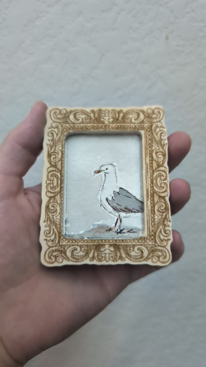 Mini Seagull Painting - Tiny Original Watercolor Art by Lora Cavallin