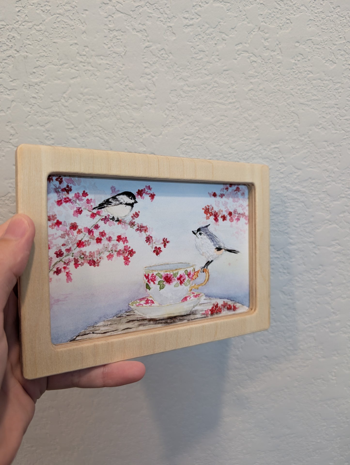 Chickadee Bird and Tufted Titmouse with Teacup Art Print - Solidframe Art by Lora Cavallin