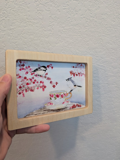 Chickadee Bird and Tufted Titmouse with Teacup Art Print - Solidframe Art by Lora Cavallin