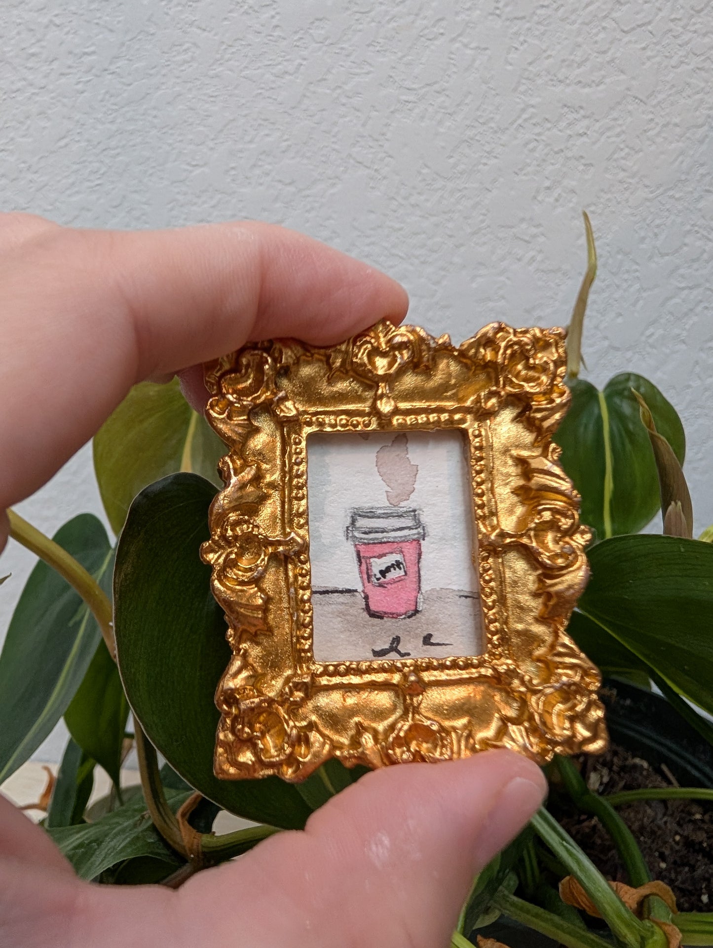 Mini Pink Coffee Cup Painting - Original Watercolor Art by Lora Cavallin