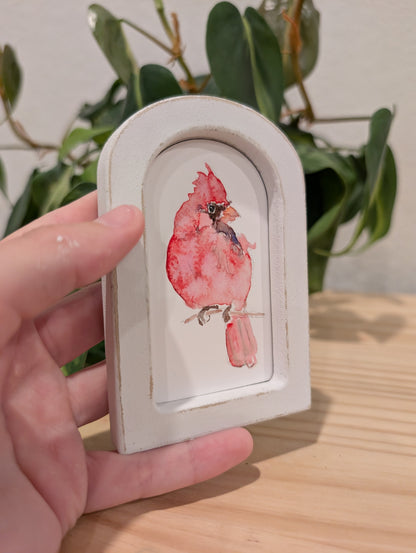Mini Cardinal Bird Art Print - Wood Arch Frame - Lora Cavallin Art