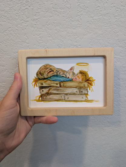 Infant Jesus in Manger with Cat Print - Solidframe Art by Lora Cavallin