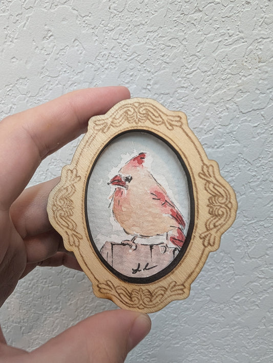 Mini Female Cardinal Bird Painting - Original Watercolor Art by Lora Cavallin