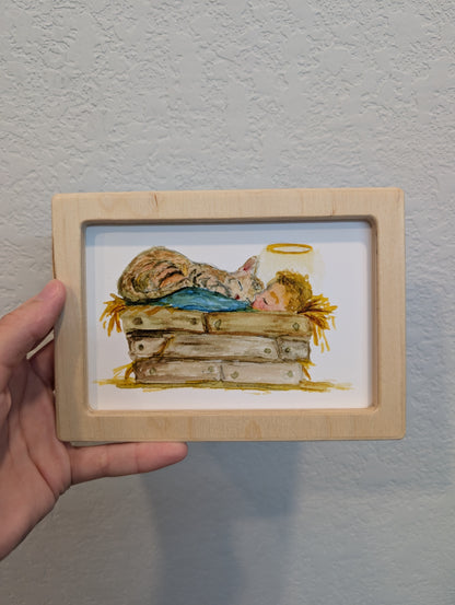 Infant Jesus in Manger with Cat Print - Solidframe Art by Lora Cavallin