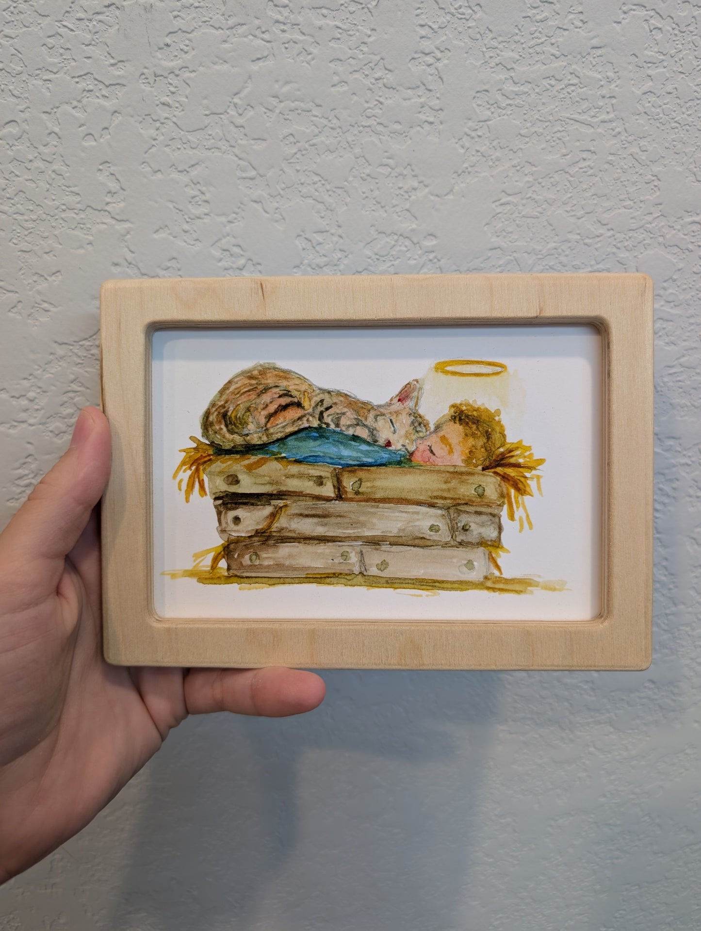 Infant Jesus in Manger with Cat Print - Solidframe Art by Lora Cavallin