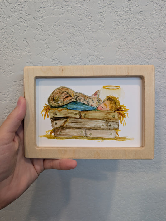Infant Jesus in Manger with Cat Print - Solidframe Art by Lora Cavallin