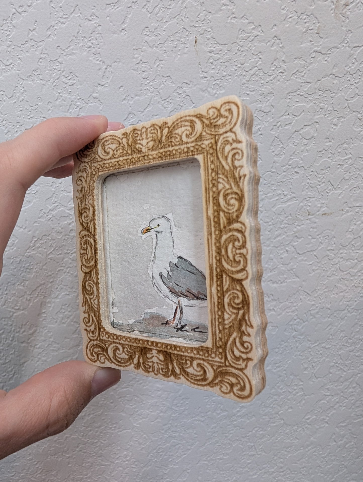 Mini Seagull Painting - Tiny Original Watercolor Art by Lora Cavallin