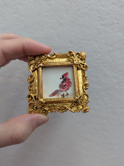 Mini Cardinal Bird Painting - Tiny Original Watercolor Art