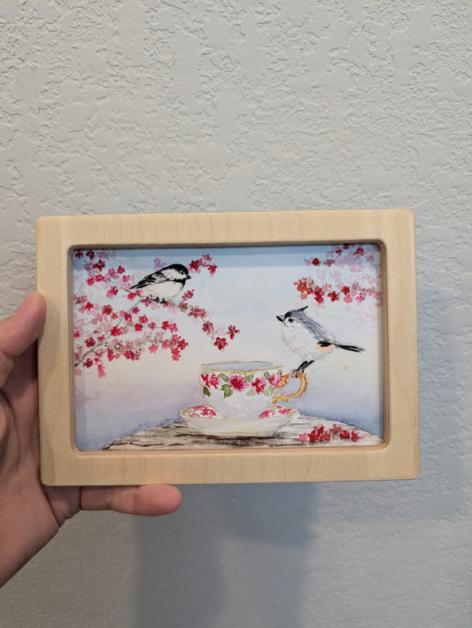 Chickadee Bird and Tufted Titmouse with Teacup Art Print - Solidframe Art by Lora Cavallin