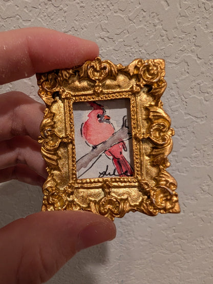 Mini Cardinal Bird Painting - Original Watercolor Art by Lora Cavallin