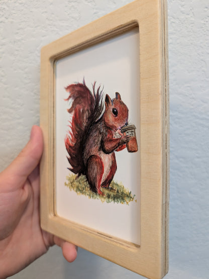 Squirrel Drinking Coffee Art Print - Solidframe Art by Lora Cavallin