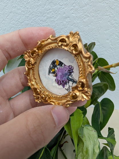 Mini Bee on Flower Painting - Original Watercolor Art by Lora Cavallin