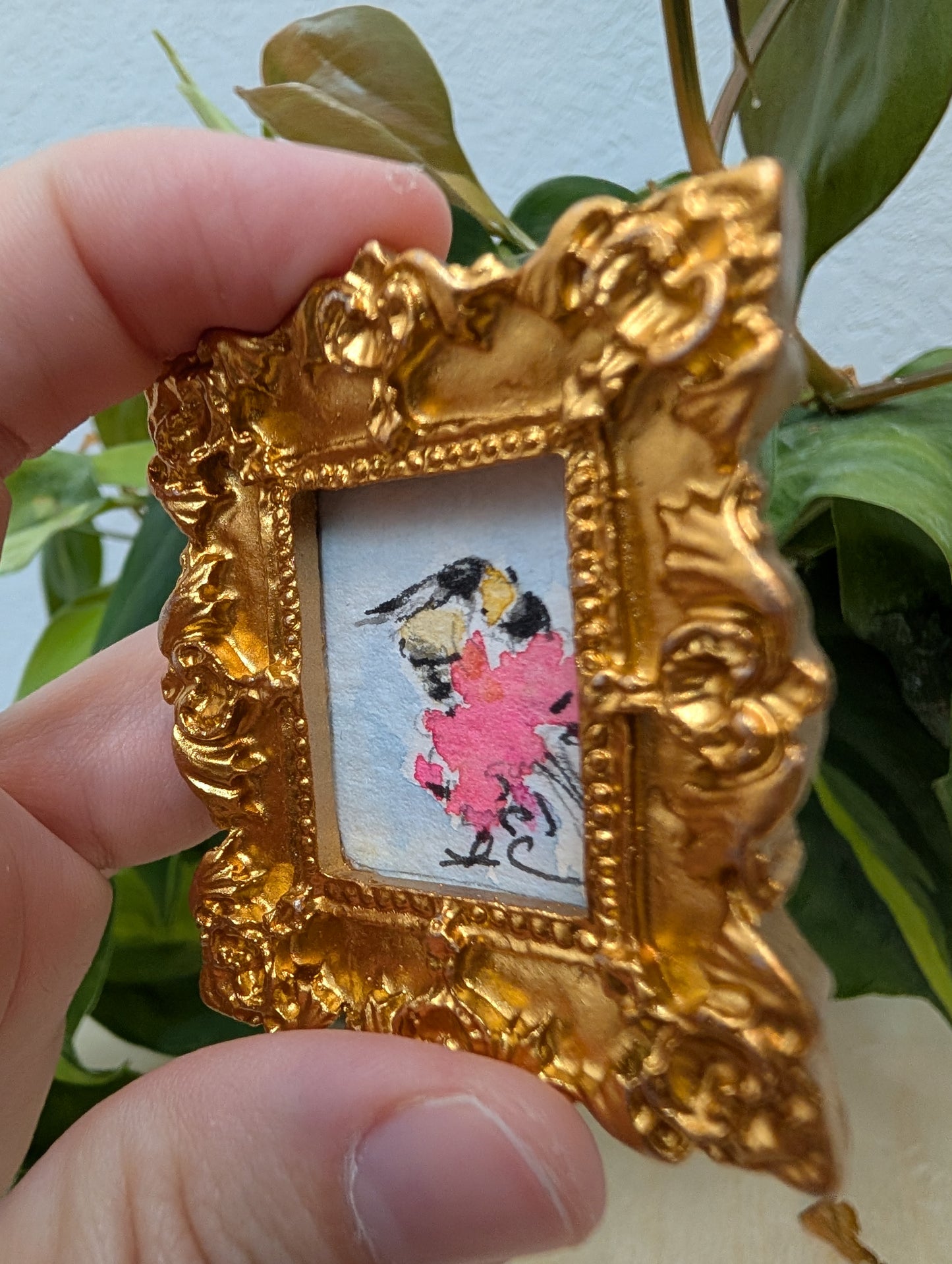 Mini Bee on Flower Painting - Original Watercolor Art by Lora Cavallin