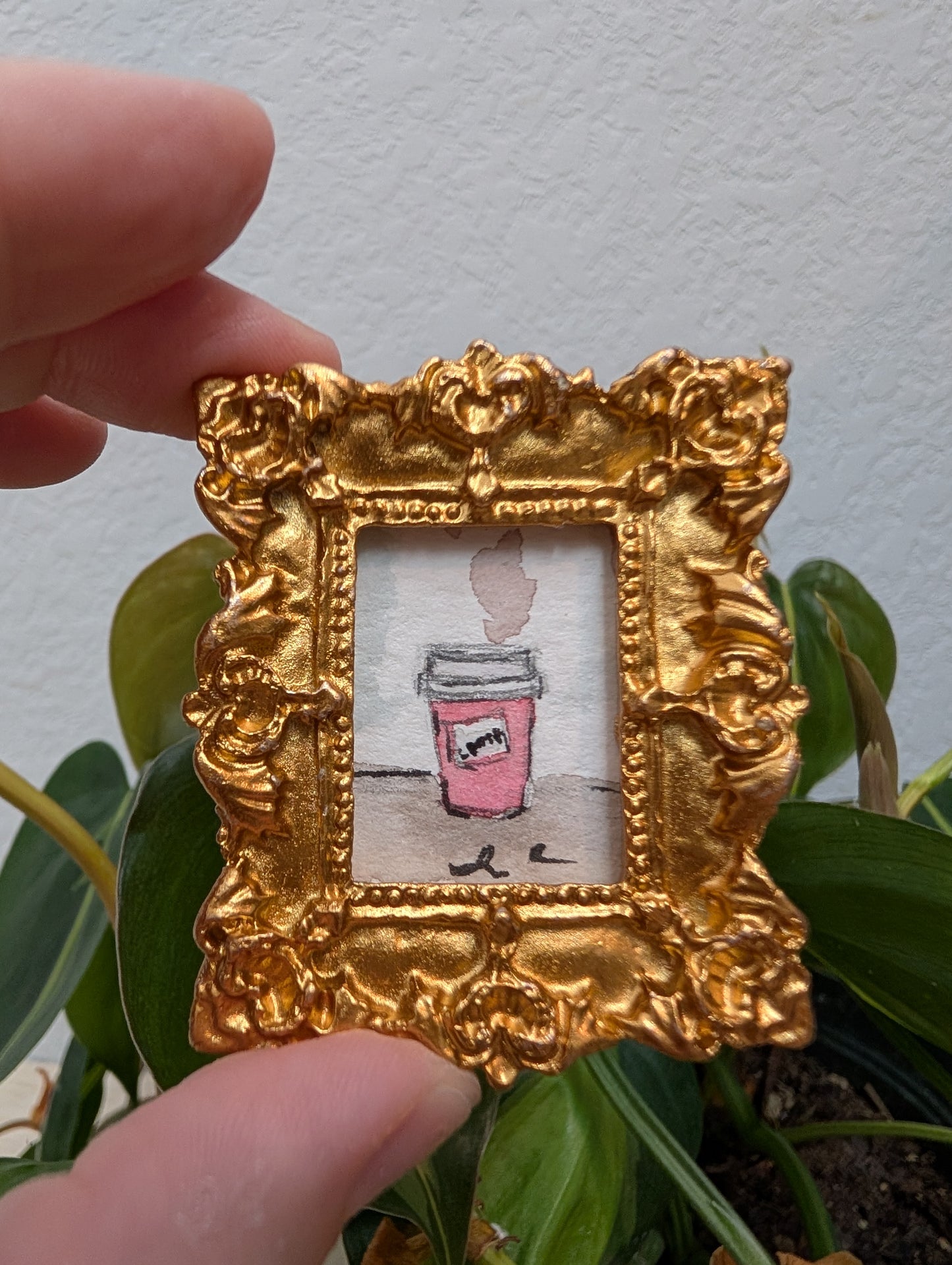 Mini Pink Coffee Cup Painting - Original Watercolor Art by Lora Cavallin