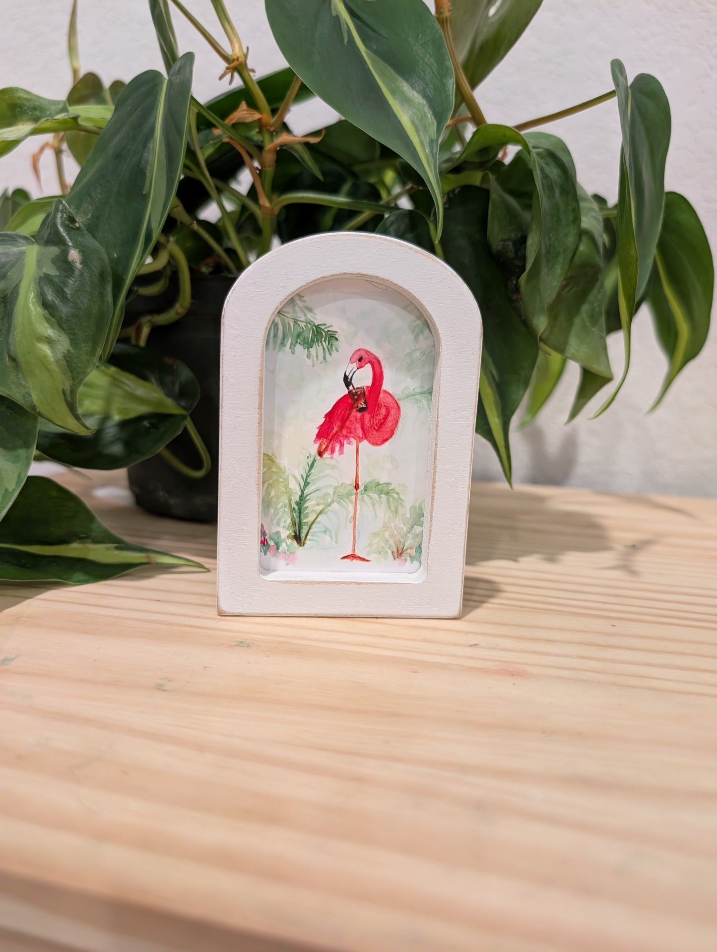Mini Flamingo Drinking an Iced Drink Art Print - Wood Arch Frame - Lora Cavallin Art