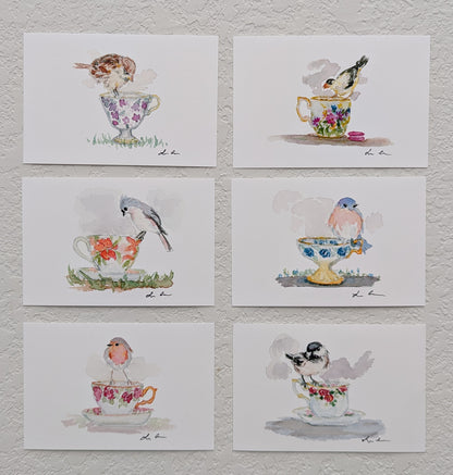 Six Bird and Teacup Art Prints - Signed