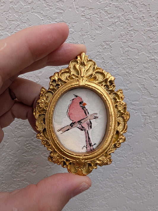 Mini Cardinal Bird Painting - Tiny Original Watercolor Art