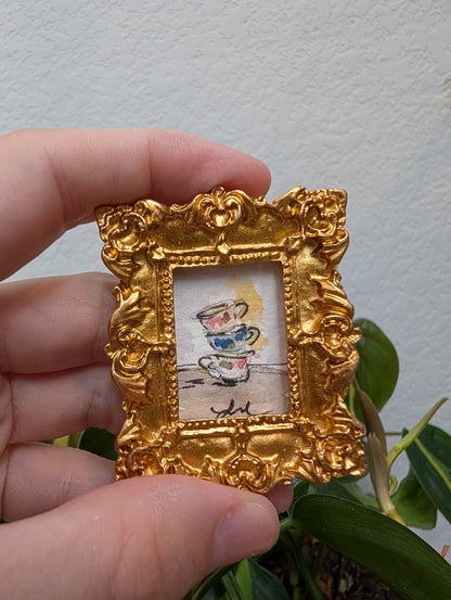 Mini Stacked Teacups Painting - Original Watercolor Art by Lora Cavallin