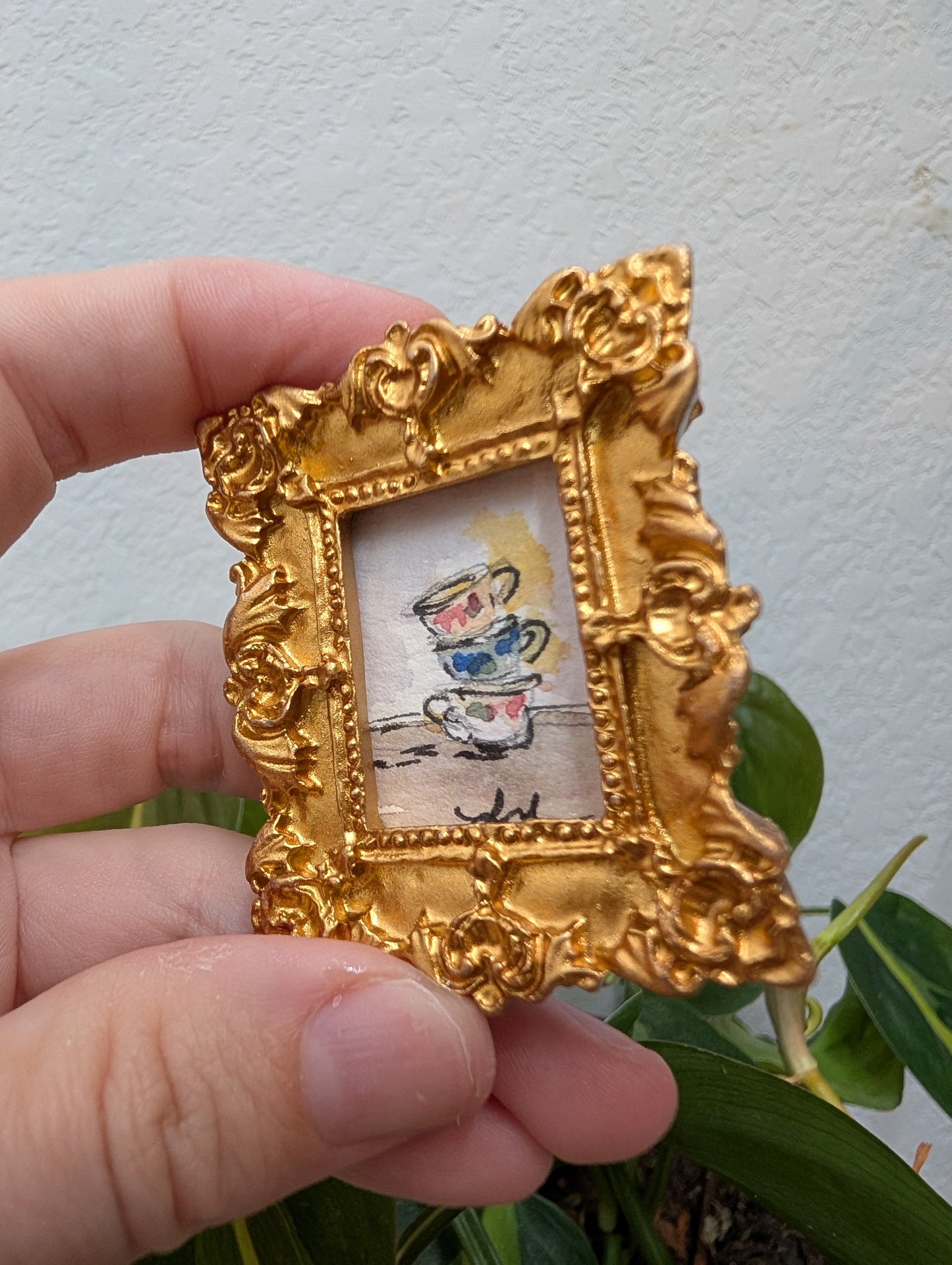 Mini Stacked Teacups Painting - Original Watercolor Art by Lora Cavallin