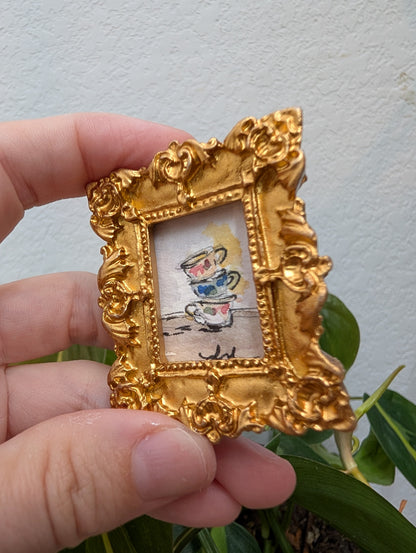 Mini Stacked Teacups Painting - Original Watercolor Art by Lora Cavallin
