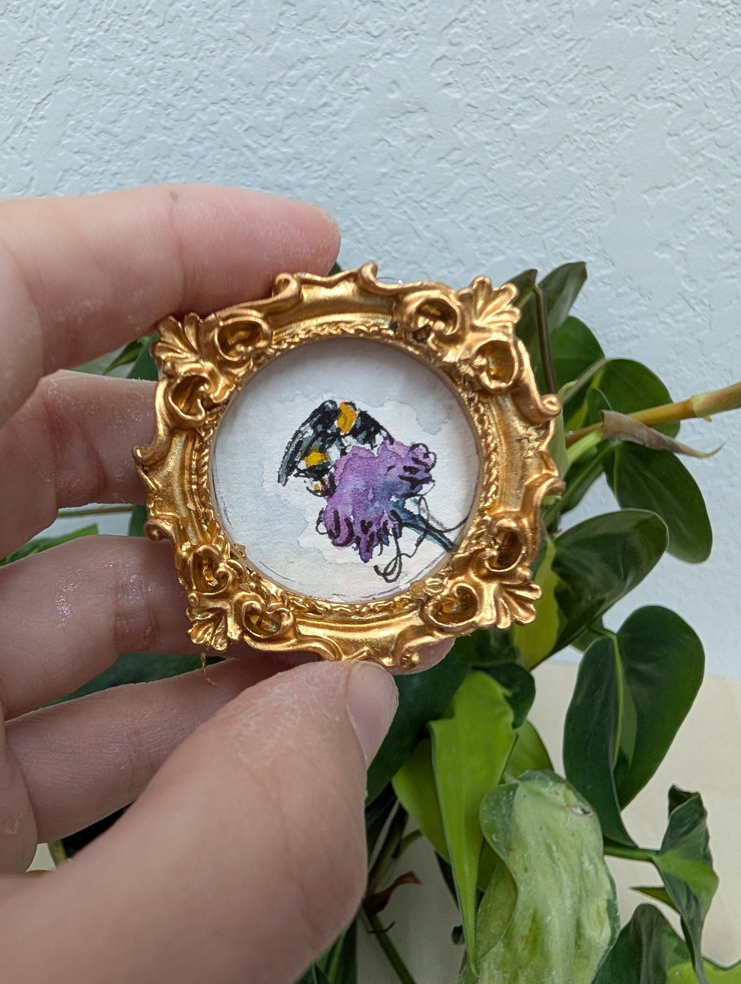 Mini Bee on Flower Painting - Original Watercolor Art by Lora Cavallin