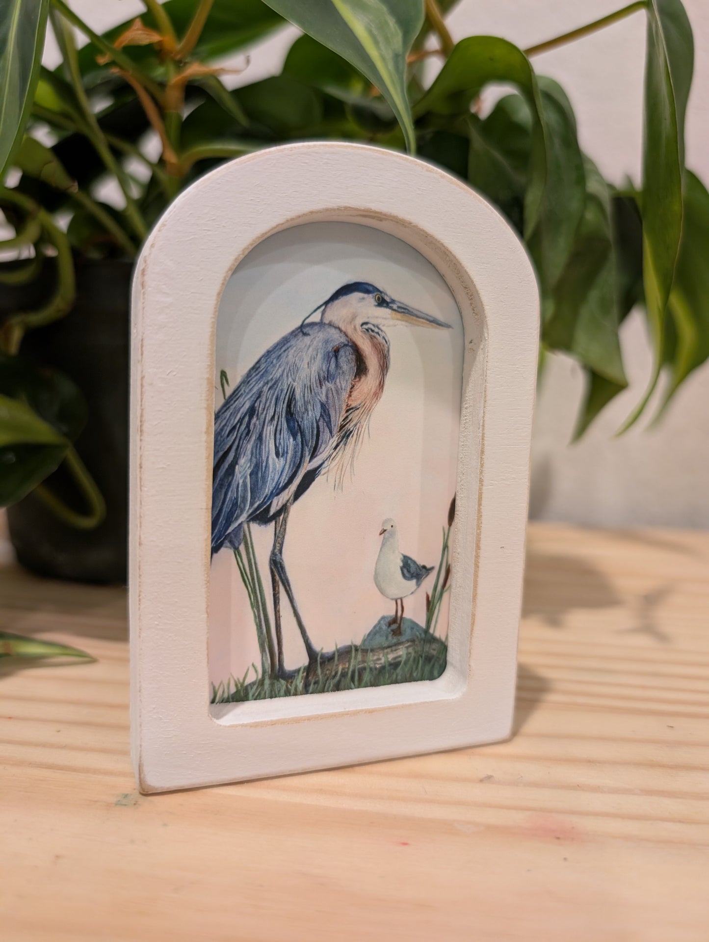 Mini Blue Heron with Seagull Art Print - Wood Arch Frame - Lora Cavallin Art