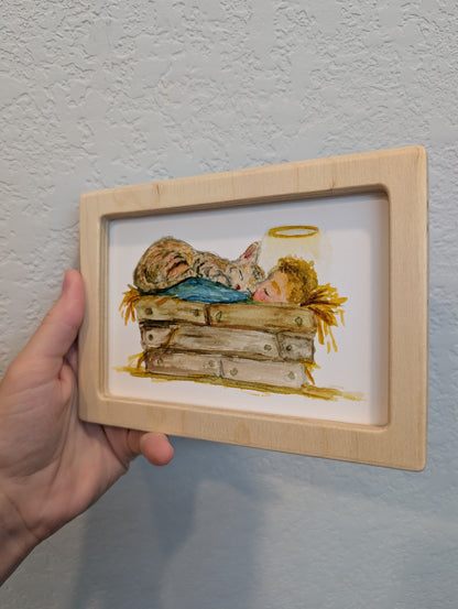 Infant Jesus in Manger with Cat Print - Solidframe Art by Lora Cavallin