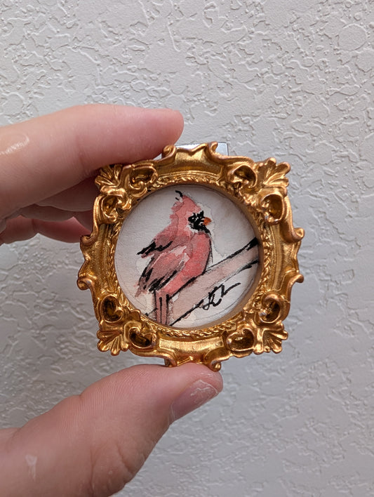 Mini Cardinal Bird Painting - Tiny Original Watercolor Art
