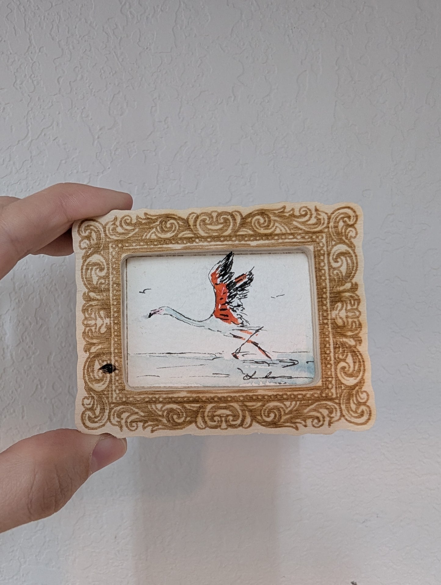 Mini Flying Flamingo Painting - Original Watercolor Art by Lora Cavallin