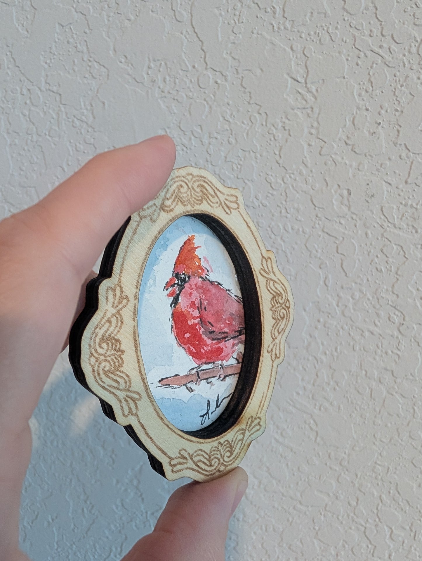 Mini Cardinal Bird Painting - Original Watercolor Art by Lora Cavallin