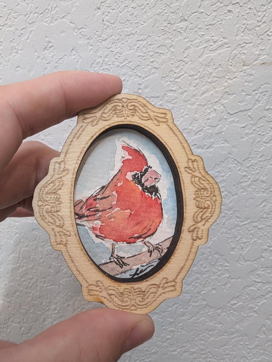 Mini Cardinal Bird Painting - Original Watercolor Art by Lora Cavallin