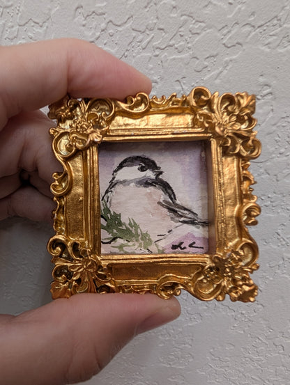 Mini Chickadee Bird Painting - Original Watercolor Art by Lora Cavallin