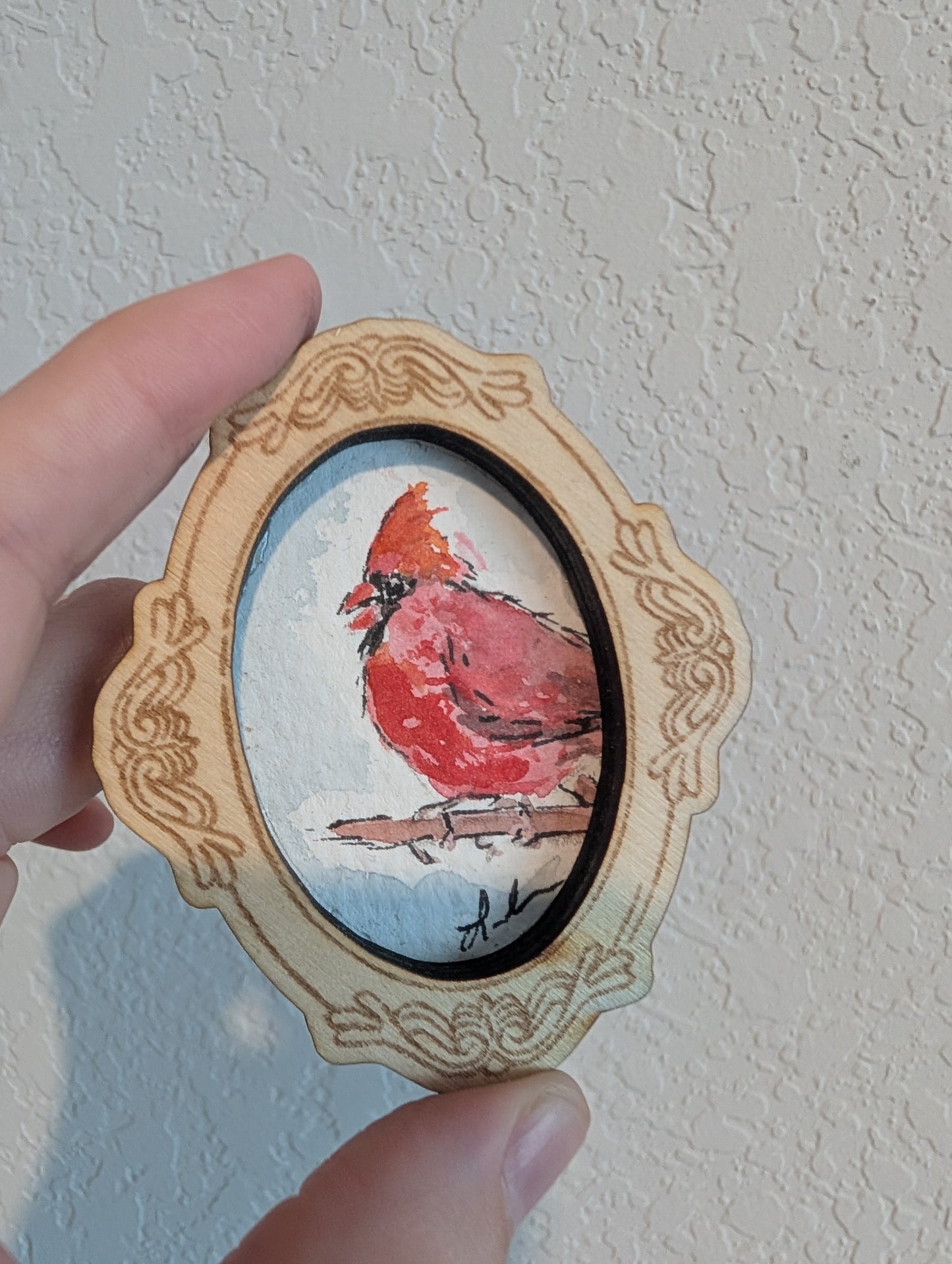 Mini Cardinal Bird Painting - Original Watercolor Art by Lora Cavallin