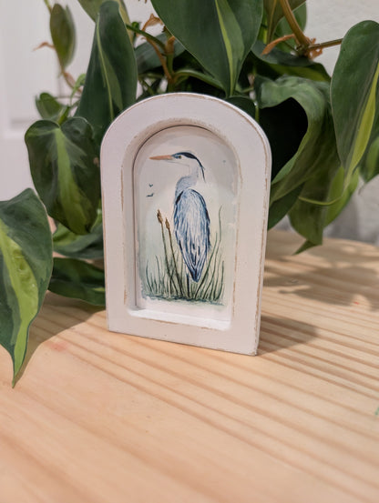 Mini Blue Heron in Reeds Art Print - Wood Arch Frame - Lora Cavallin Art