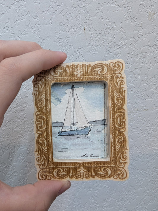 Mini Sailboat Painting - Tiny Original Watercolor Art by Lora Cavallin