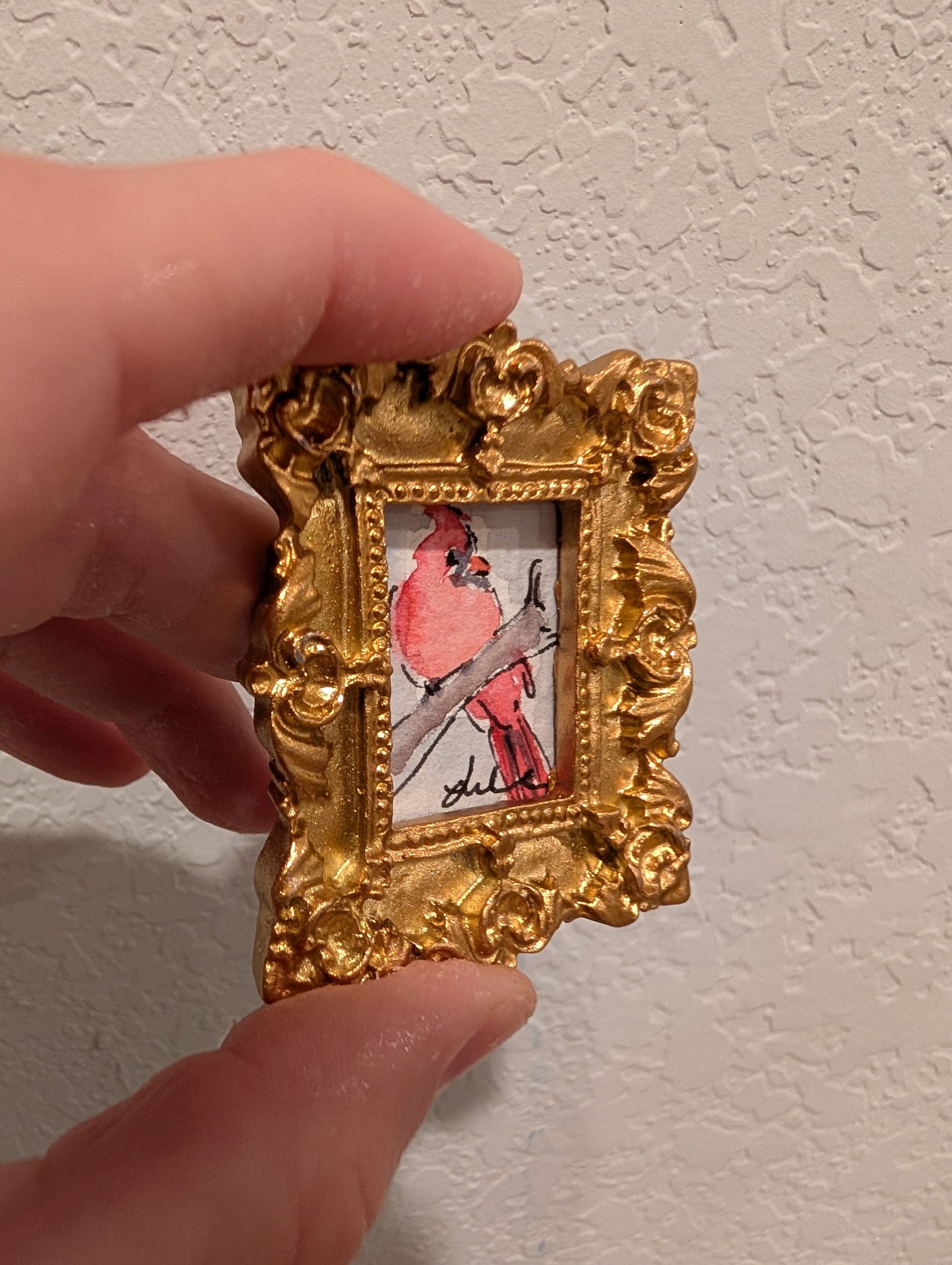 Mini Cardinal Bird Painting - Original Watercolor Art by Lora Cavallin